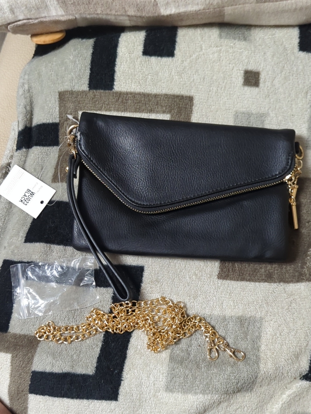 Black Leather Envelope Crossbody Clutch with Gold Chain